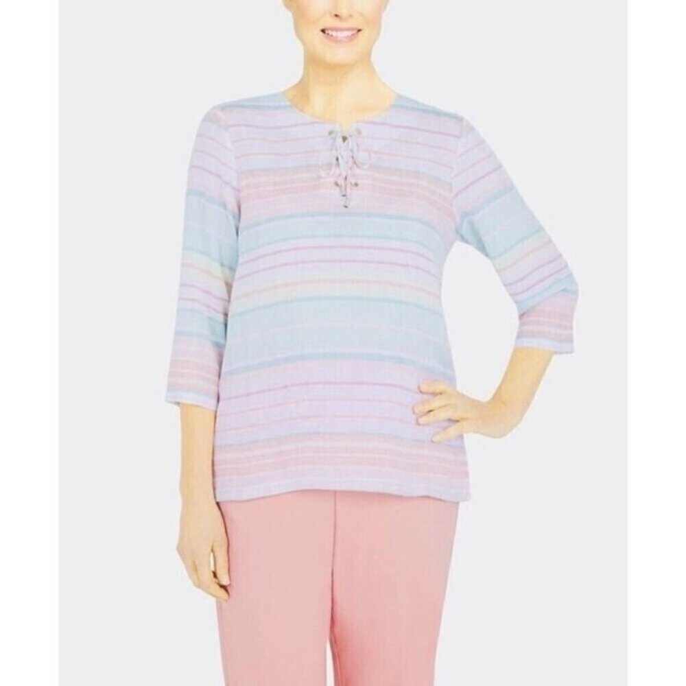 Alfred Dunner Women's round neck striped shirt drawstring front size S New